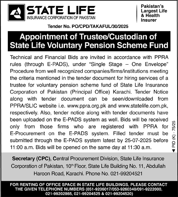 State Life Insurance Corporation of Pakistan Karachi Tender Notice